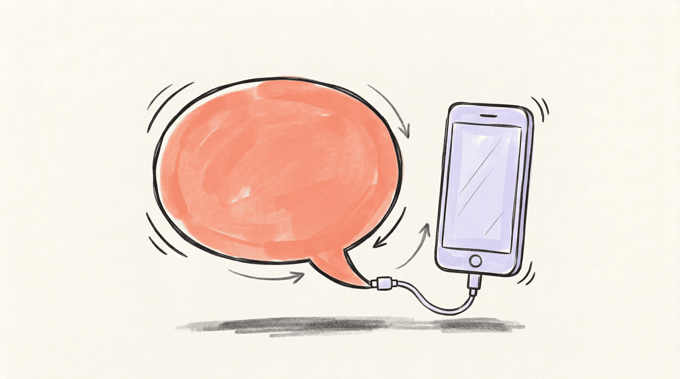 A coral chat speech bubble joined by a plug cable to a lavender smartphone, standing for Claude connected to an X account