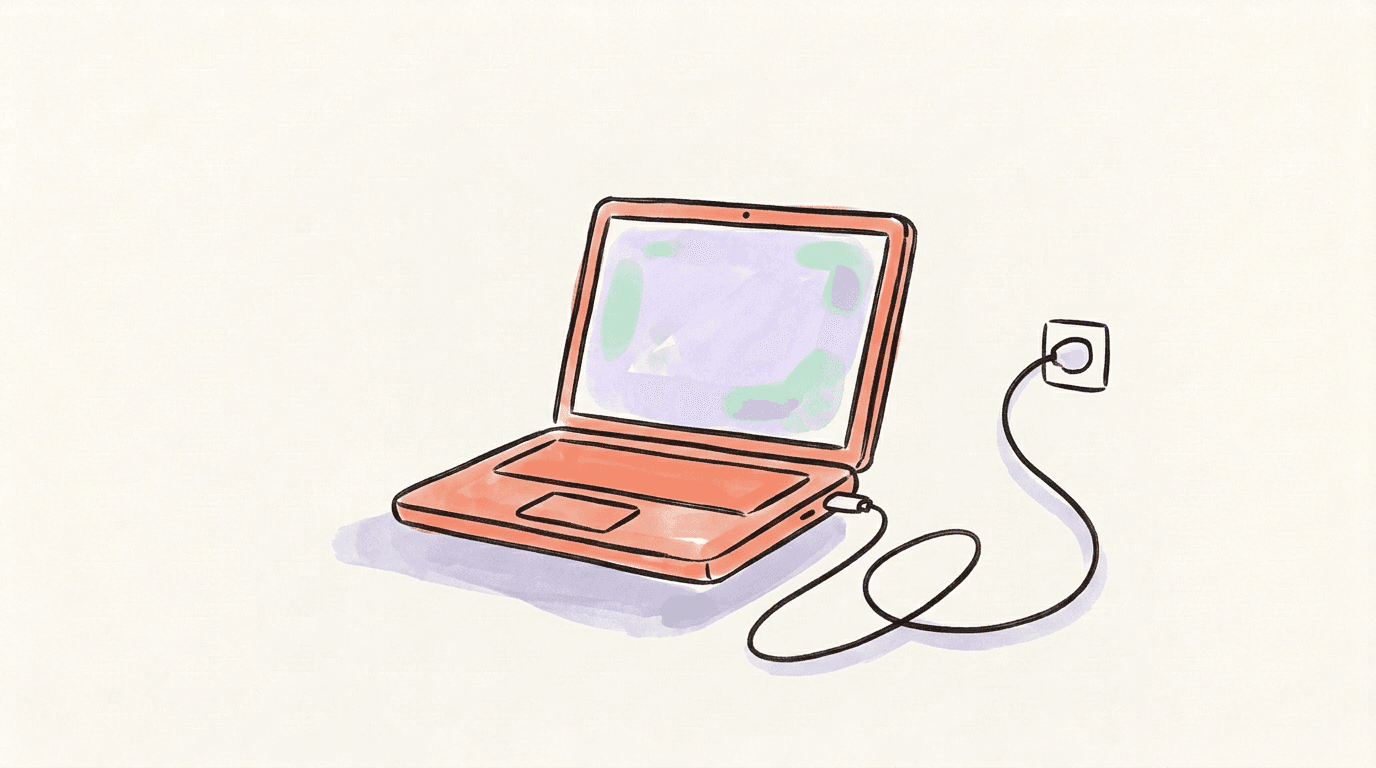 An open coral laptop plugged into a wall socket, standing for connecting Claude Code to a server