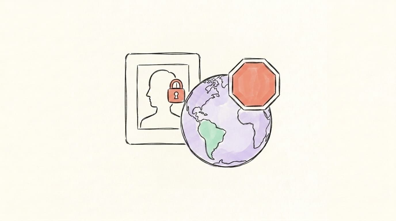 Hand-drawn profile card with a lock icon next to a globe marked with a stop-sign overlay
