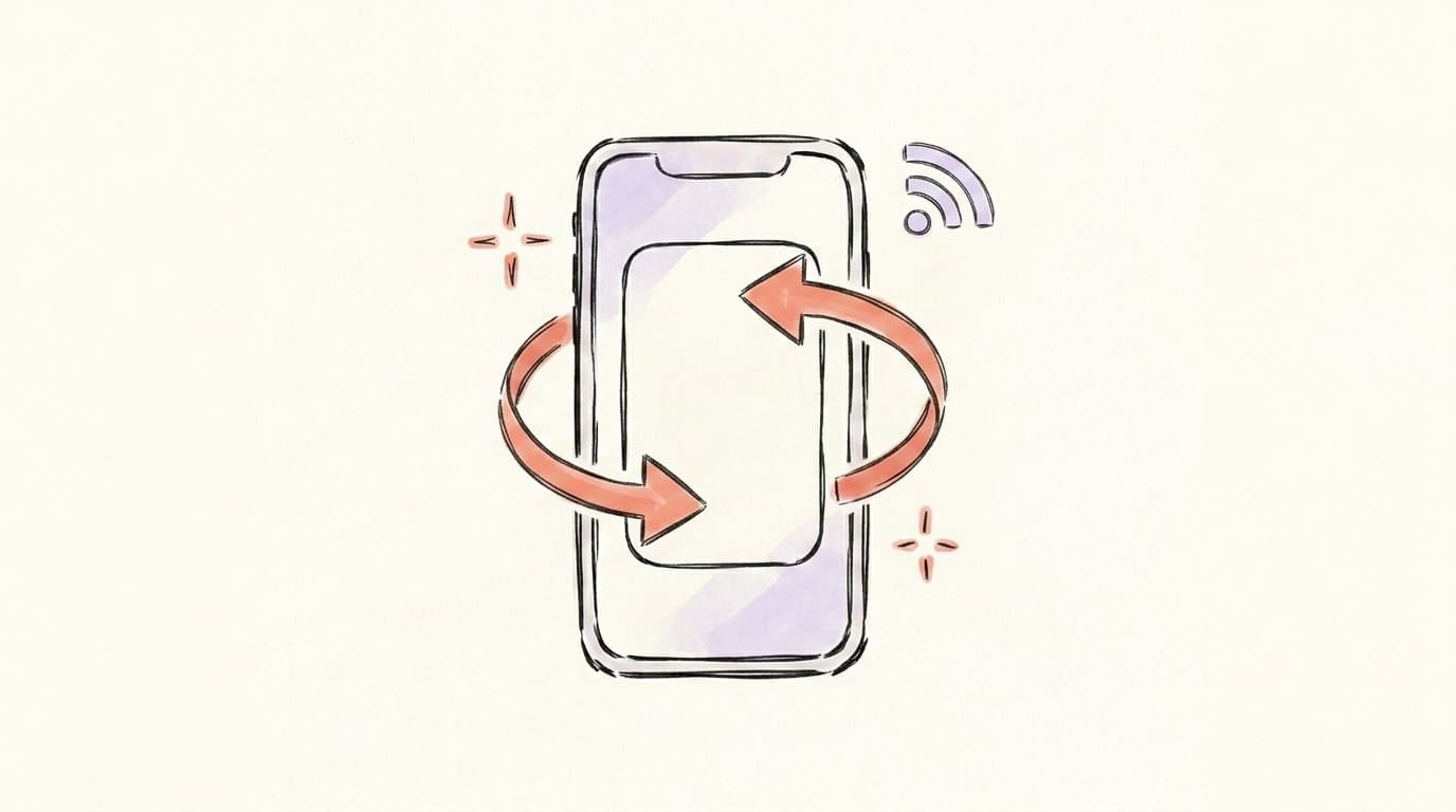Hand-drawn smartphone with two large salmon-coral refresh arrows swirling around it