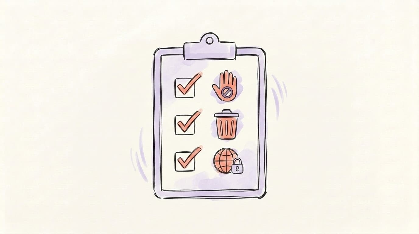 Hand-drawn clipboard checklist with three icons: a hand showing stop, a trash can, and a globe with a lock