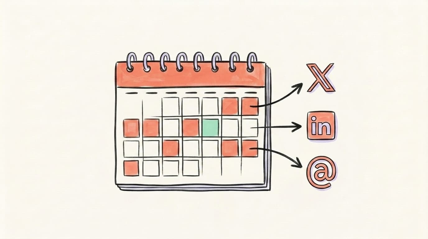 A hand-drawn calendar with arrows flowing to X, LinkedIn, and Threads icons
