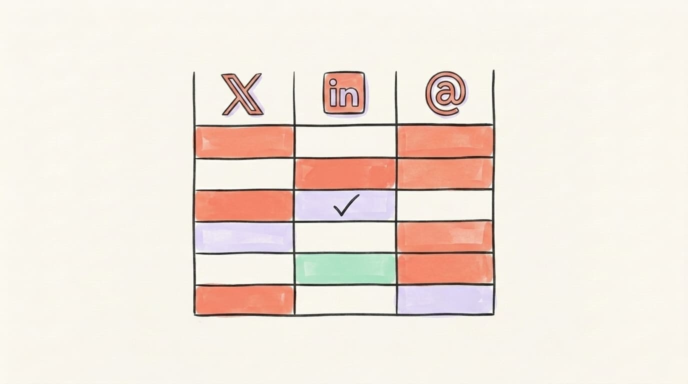 A unified content calendar template with columns for X, LinkedIn, and Threads