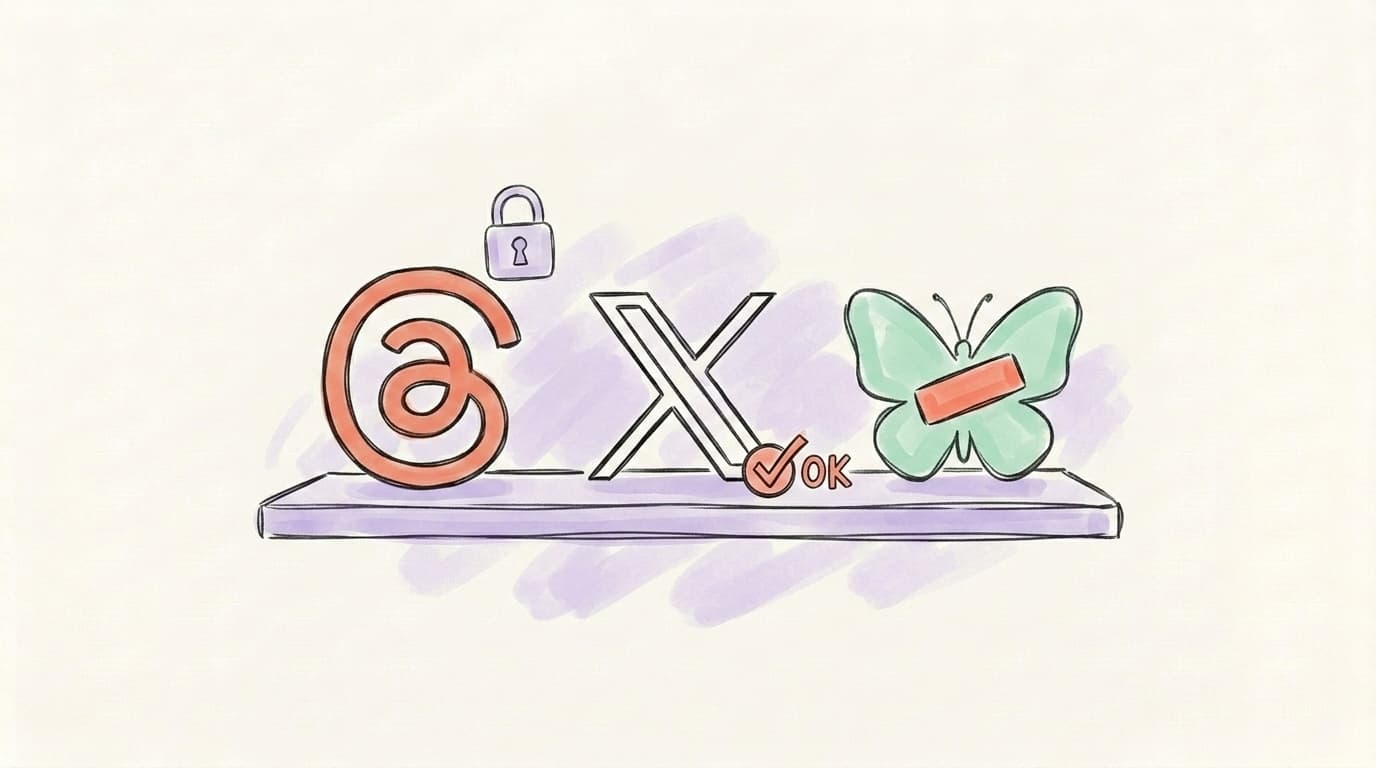 Threads, X, and Bluesky platform logos side by side showing different content policies