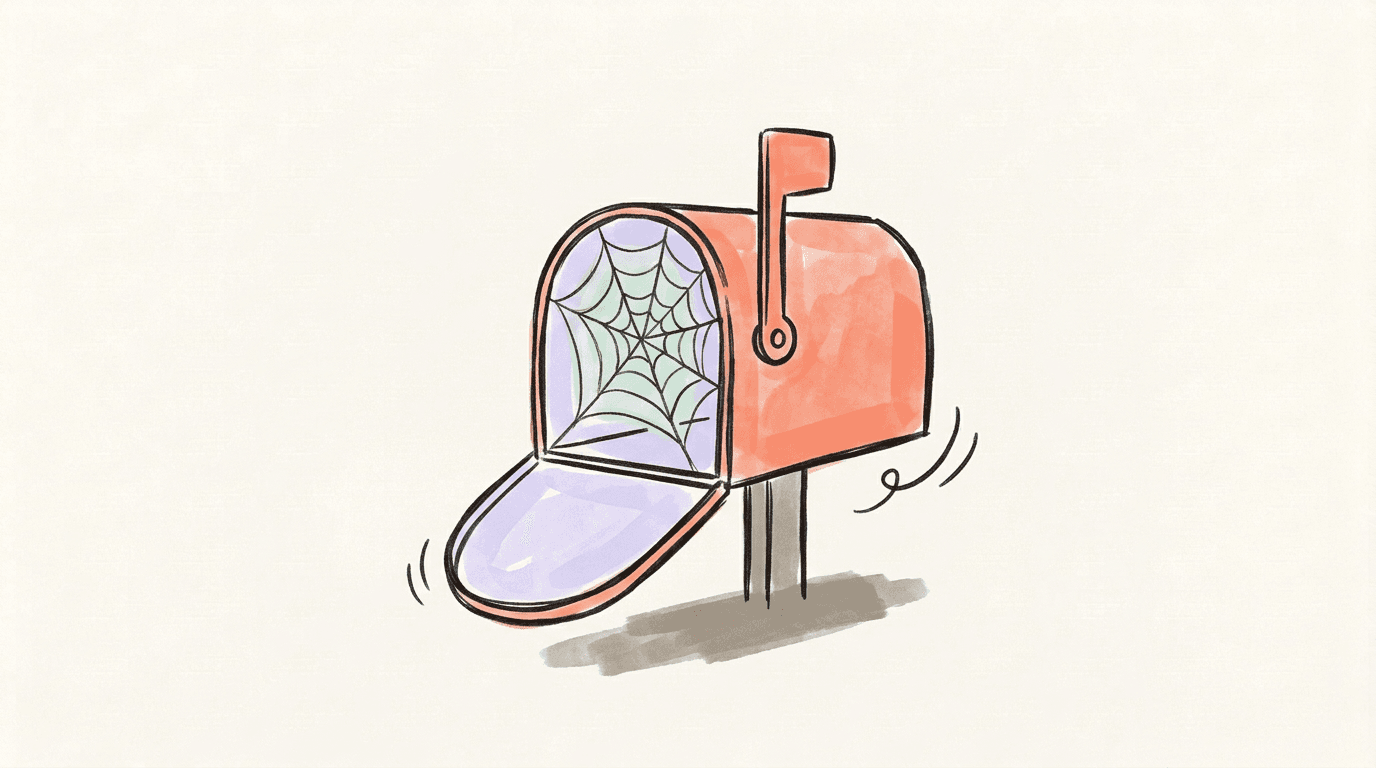A mailbox with its door hanging open and a cobweb strung across the opening