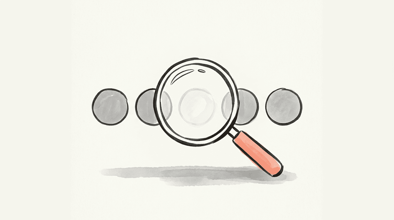 A magnifying glass held over a row of plain grey avatar circles, one of them faded almost to nothing