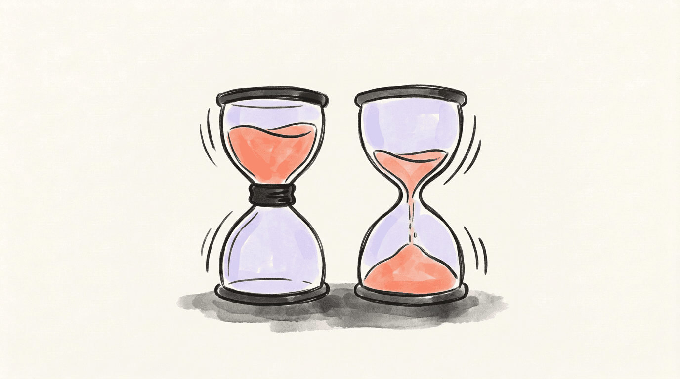 Two hourglasses side by side, one sealed shut at the waist, the other with its coral sand still running