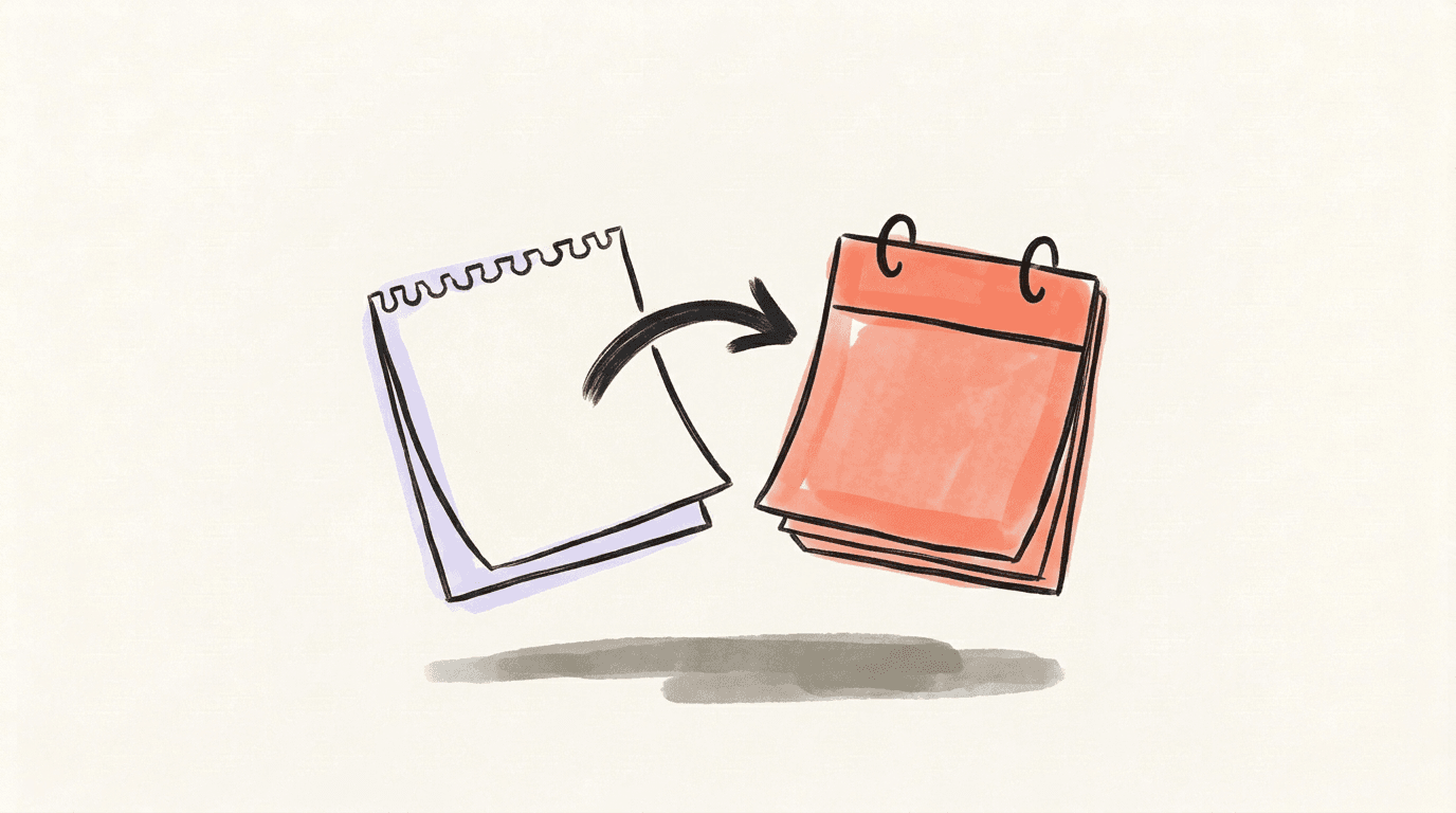 A torn-off calendar page beside a fresh coral calendar pad, an ink arrow curving from the old sheet to the new