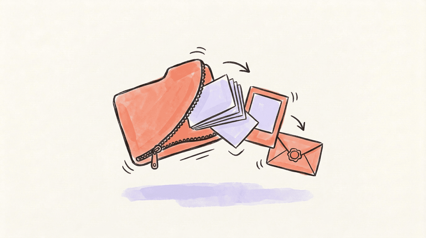 A coral zipped folder pulled open, a stack of lavender paper cards, a photo frame and a sealed envelope tumbling out of it