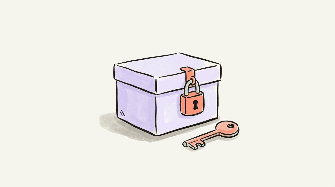 A lavender archive box shut with a coral padlock, a coral key lying beside it