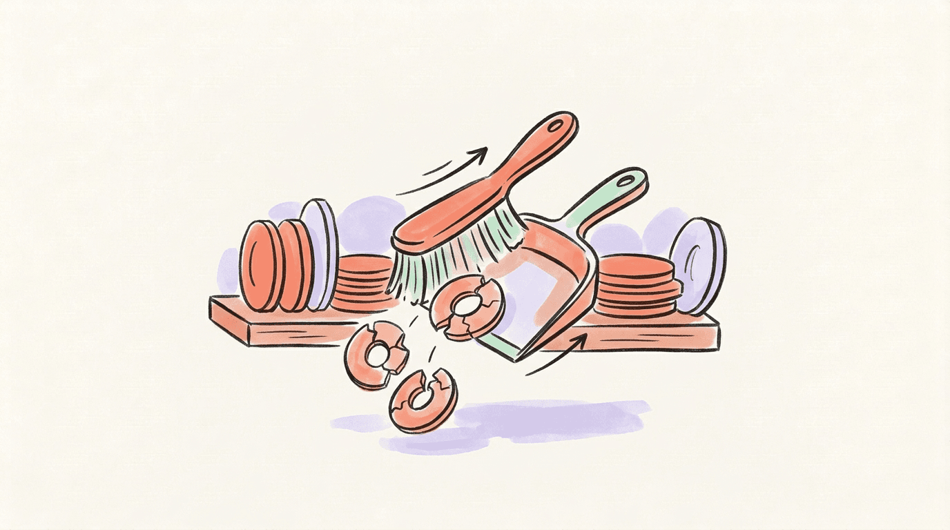 A coral brush and dustpan sweeping three cracked coral rings off a wooden shelf lined with stacks of solid discs