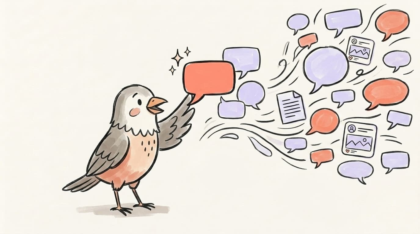 A bird character adding a bright coral reply bubble into a busy stream of conversation