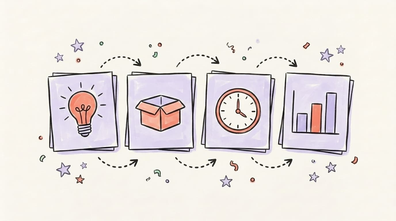Four sticky notes in a row showing a lightbulb, box, clock, and bar chart connected by dotted arrows, representing the build steps