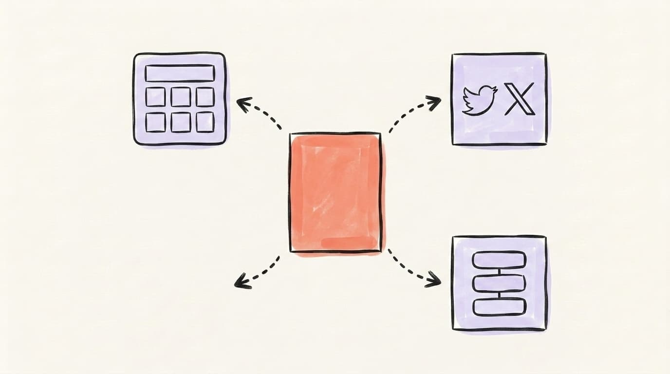A coral document in the center with dotted arrows flowing outward to an X logo, a grid layout, and stacked rectangles representing multi-platform distribution