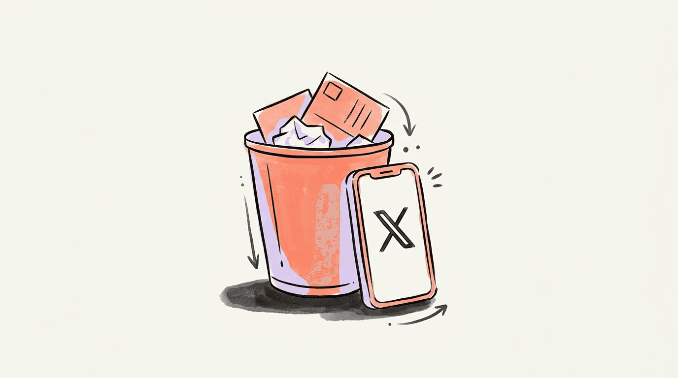 A coral wastebasket of crumpled blank post cards beside a phone showing a single X mark