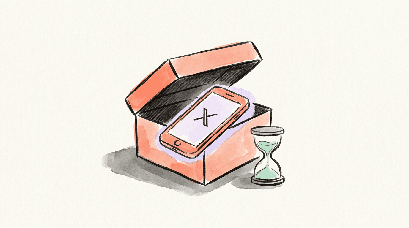 A smartphone showing one X mark lies in an open coral box, a small hourglass beside it