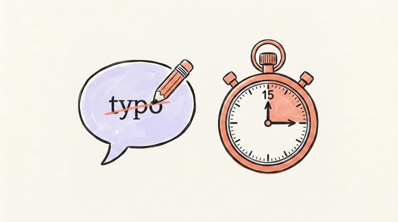 A speech bubble with a pencil crossing out a typo, next to a 5-minute stopwatch — visualizing the Threads edit window