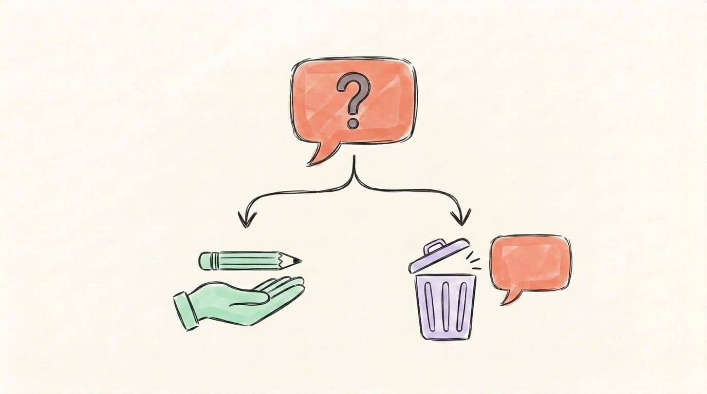 A decision tree splitting into two paths: a pencil for "edit" and a trash bin with a speech bubble for "delete and repost"