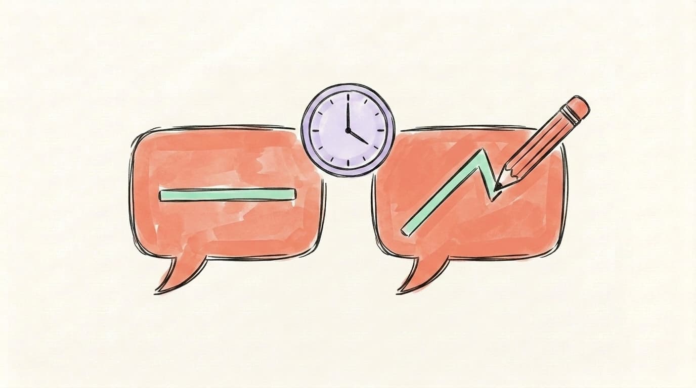 Two speech bubbles showing a flat engagement line vs. a rising one being interrupted by an edit
