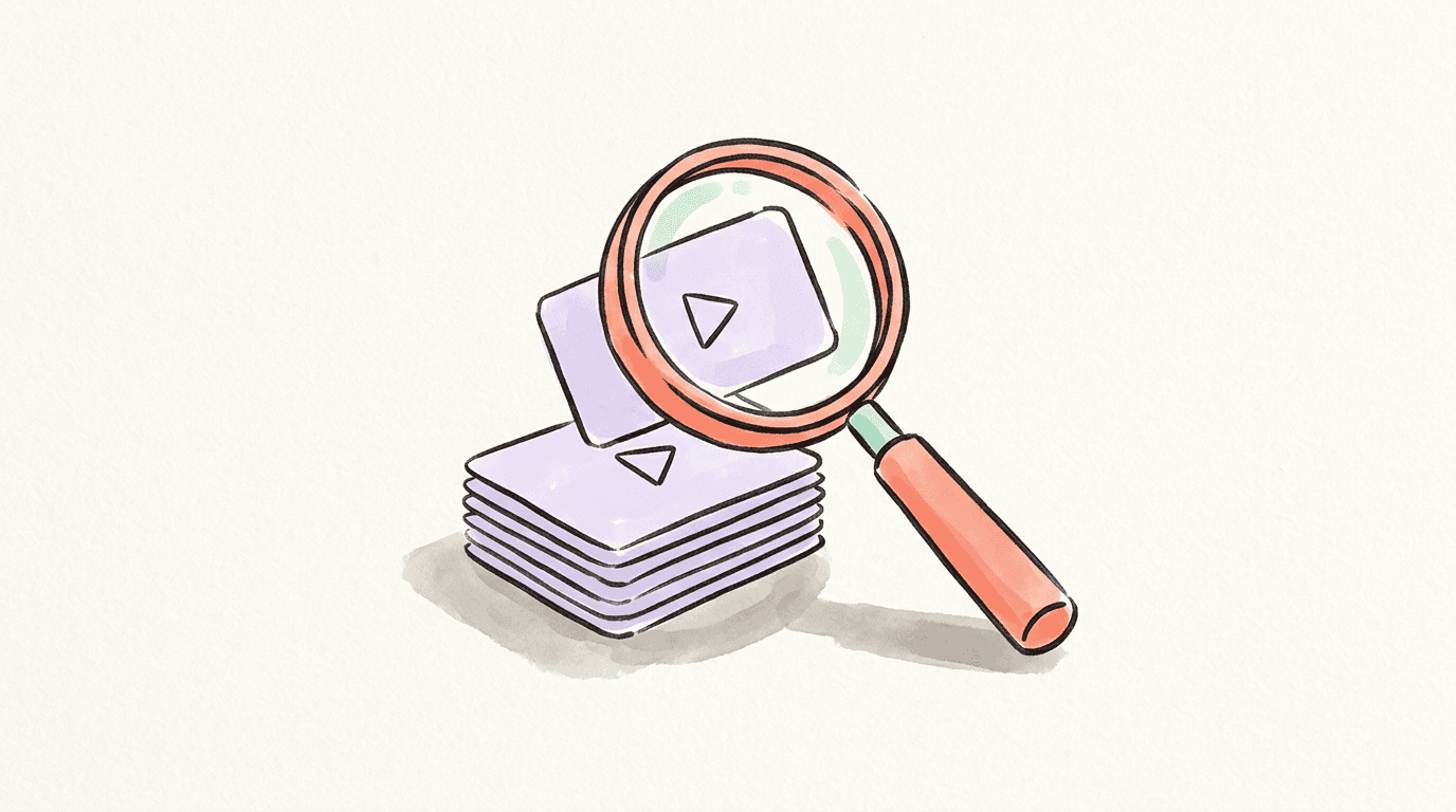 A coral magnifying glass held over a stack of lavender video cards marked with play triangles, one card lifted out under the lens