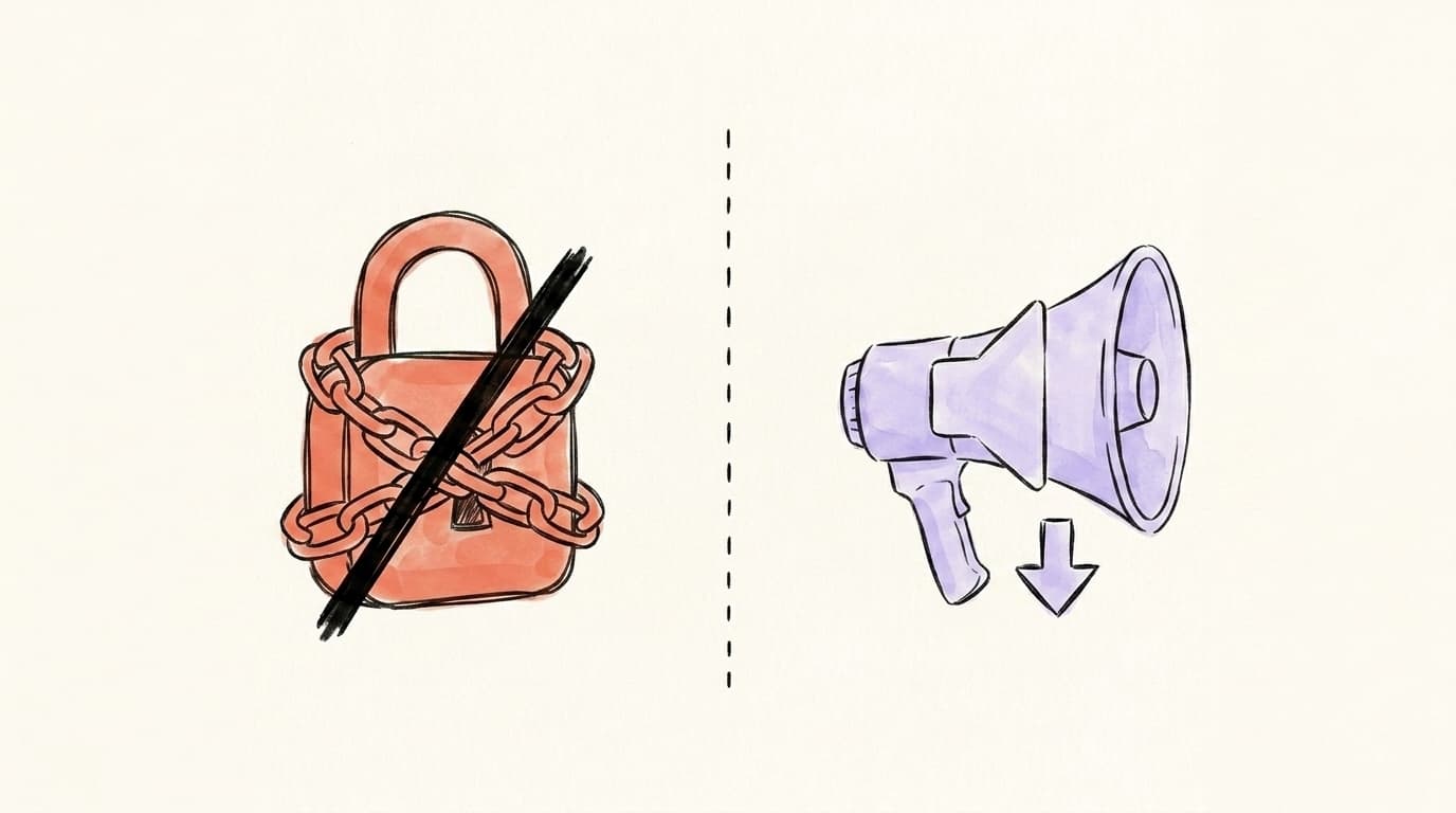 A salmon-coral padlock wrapped in chains on the left versus a soft lavender megaphone with a down arrow on the right, illustrating the difference between a hard suspension and a shadow ban