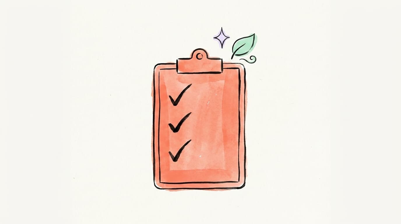 A salmon-coral clipboard with three check marks and a small lavender sparkle and mint-green leaf, representing a universal anti-shadow-ban checklist