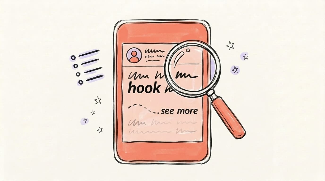 A phone screen showing a LinkedIn post cut off at "see more" with a magnifying glass on the hook