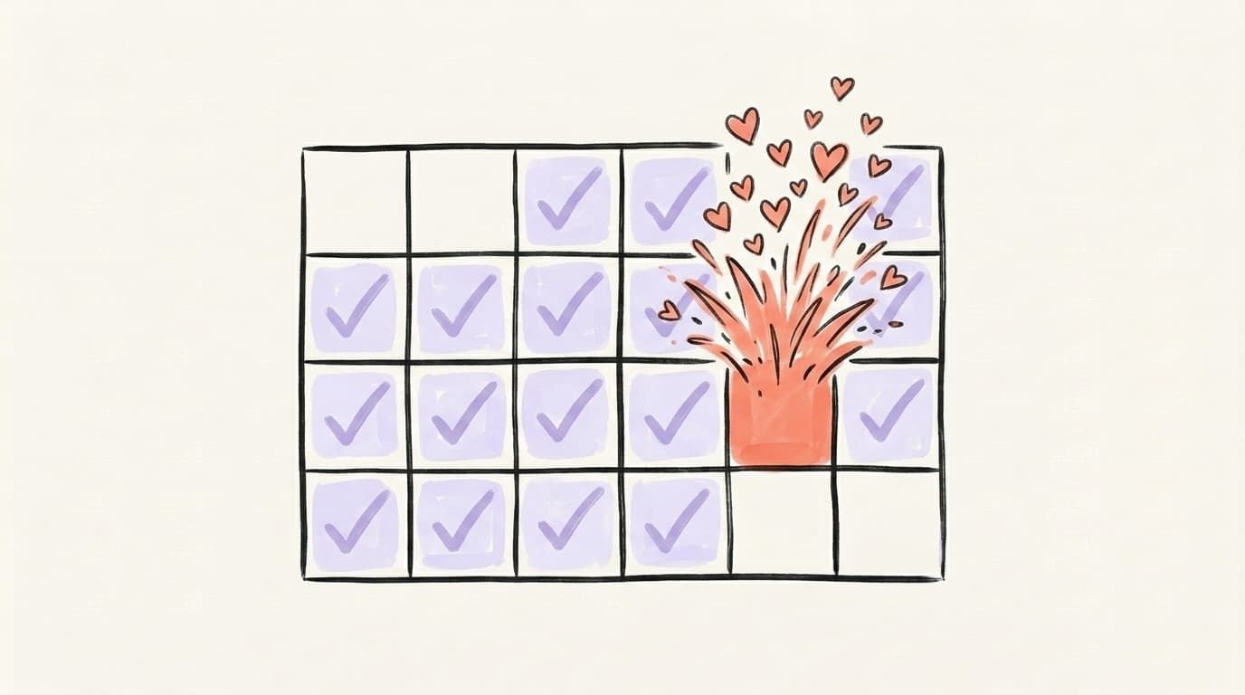 Illustration of a calendar with many checkmarks and one day bursting with hearts — consistency producing a viral hit