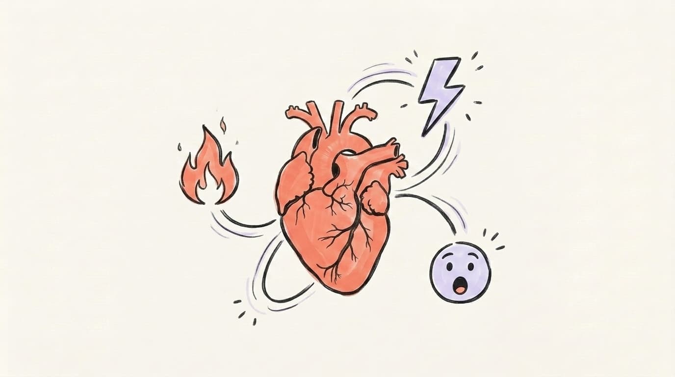 Illustration of a heart surrounded by fire, lightning, and a surprised face — high-arousal emotion