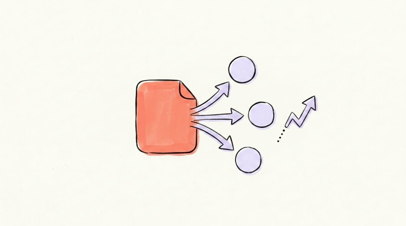 A salmon-coral note with three arrows fanning out to three lavender platform circles and a rising chart arrow — illustrating one Threads post repurposed across X and LinkedIn while tracking growth