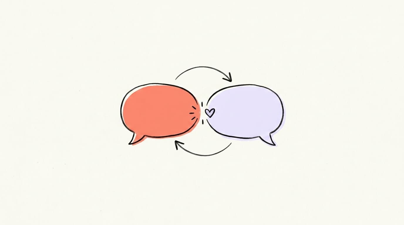 Two chat speech bubbles facing each other with a looping arrow and a small heart where they meet — illustrating that posting and replying are the two habits the 90-day Threads plan is built on