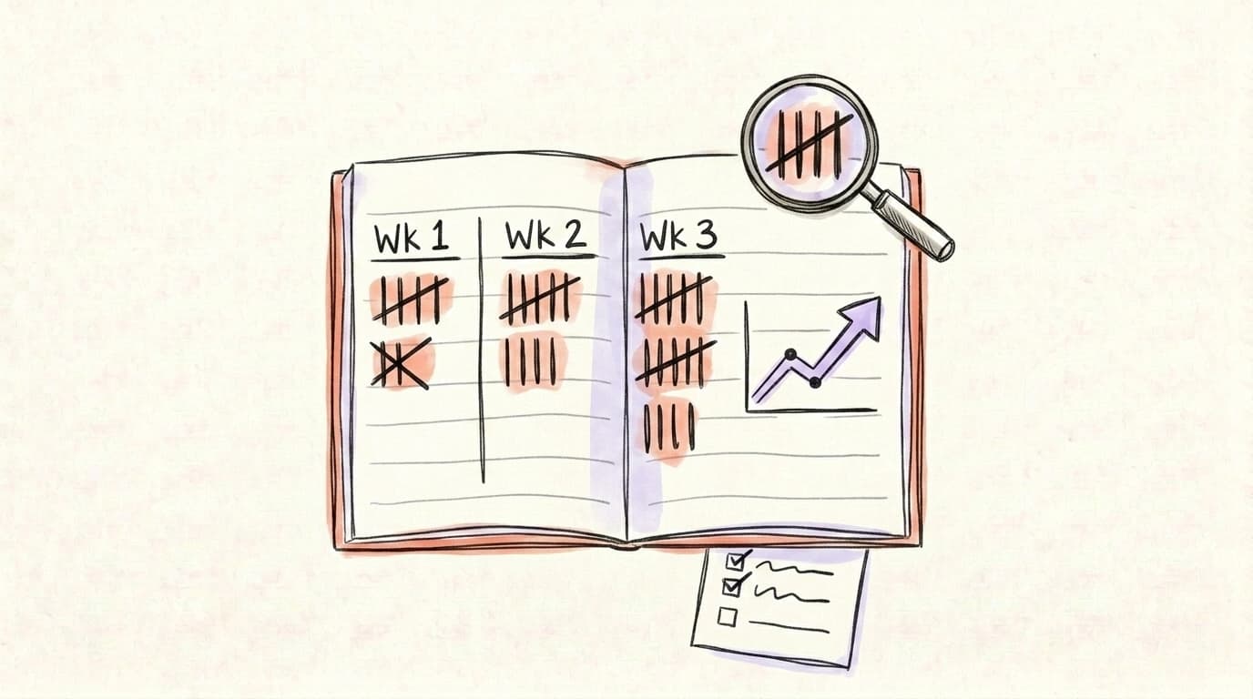 An open hand-drawn notebook tracking weekly tally marks and a rising line chart with a magnifying glass over one week — illustrating manually tracking Threads follower growth and top posts each week
