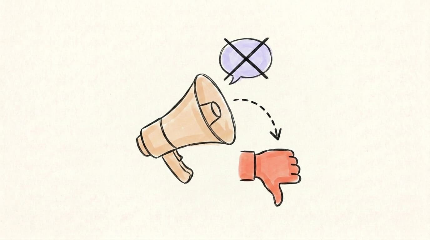 A megaphone with a crossed-out speech bubble and thumbs-down — illustrating posts that get suppressed by the Threads algorithm