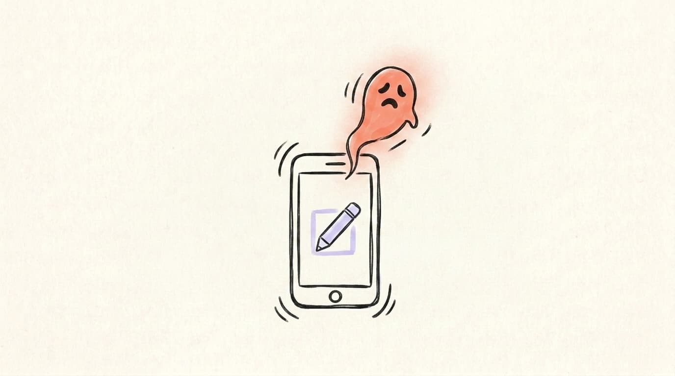 A smartphone with an edit pencil icon on screen and a small ghost drifting upward — Threads editing and ghost post features