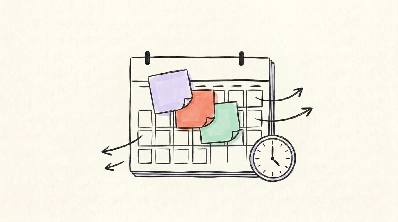 A calendar with three colored post-it notes and a small clock — illustrating scheduling Threads posts in advance