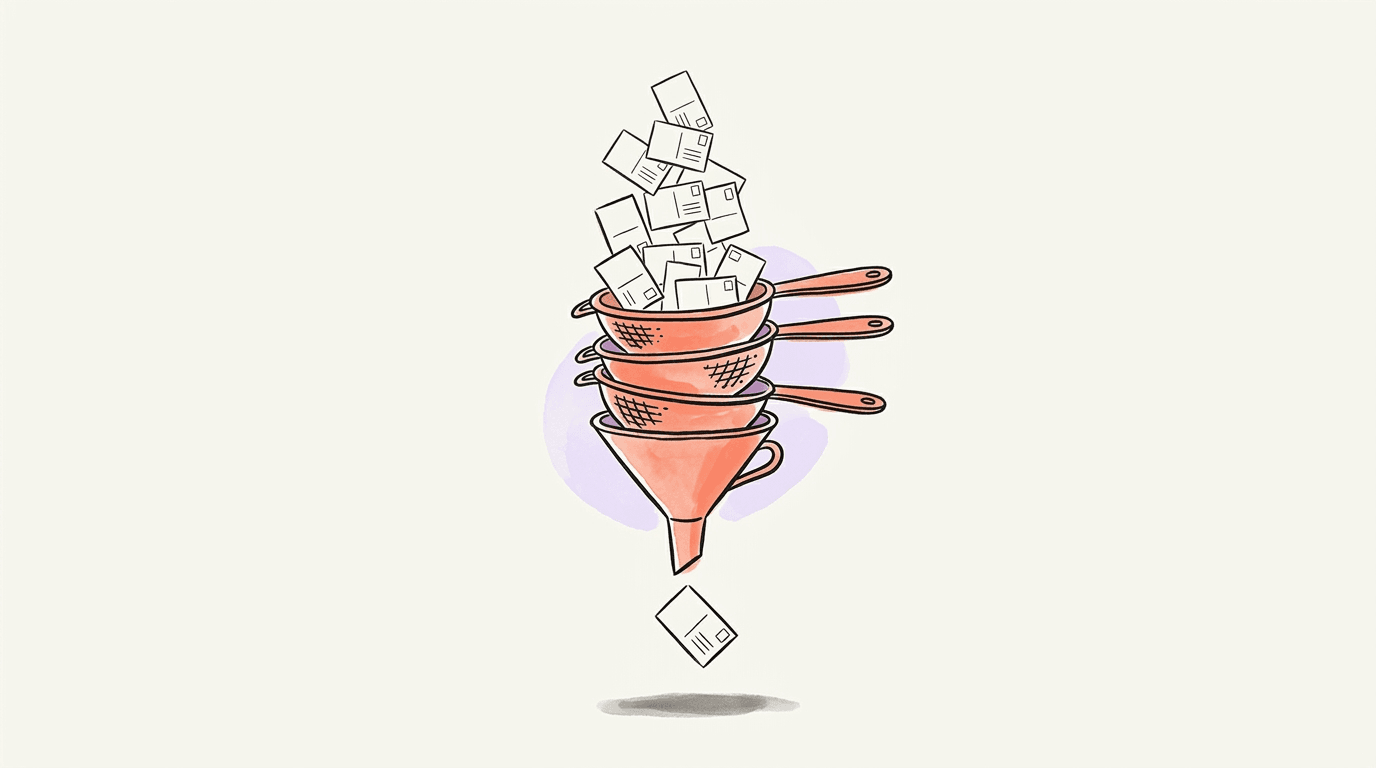Three coral sieves stacked over a funnel, many blank post cards dropping in at the top and a single card falling out the bottom