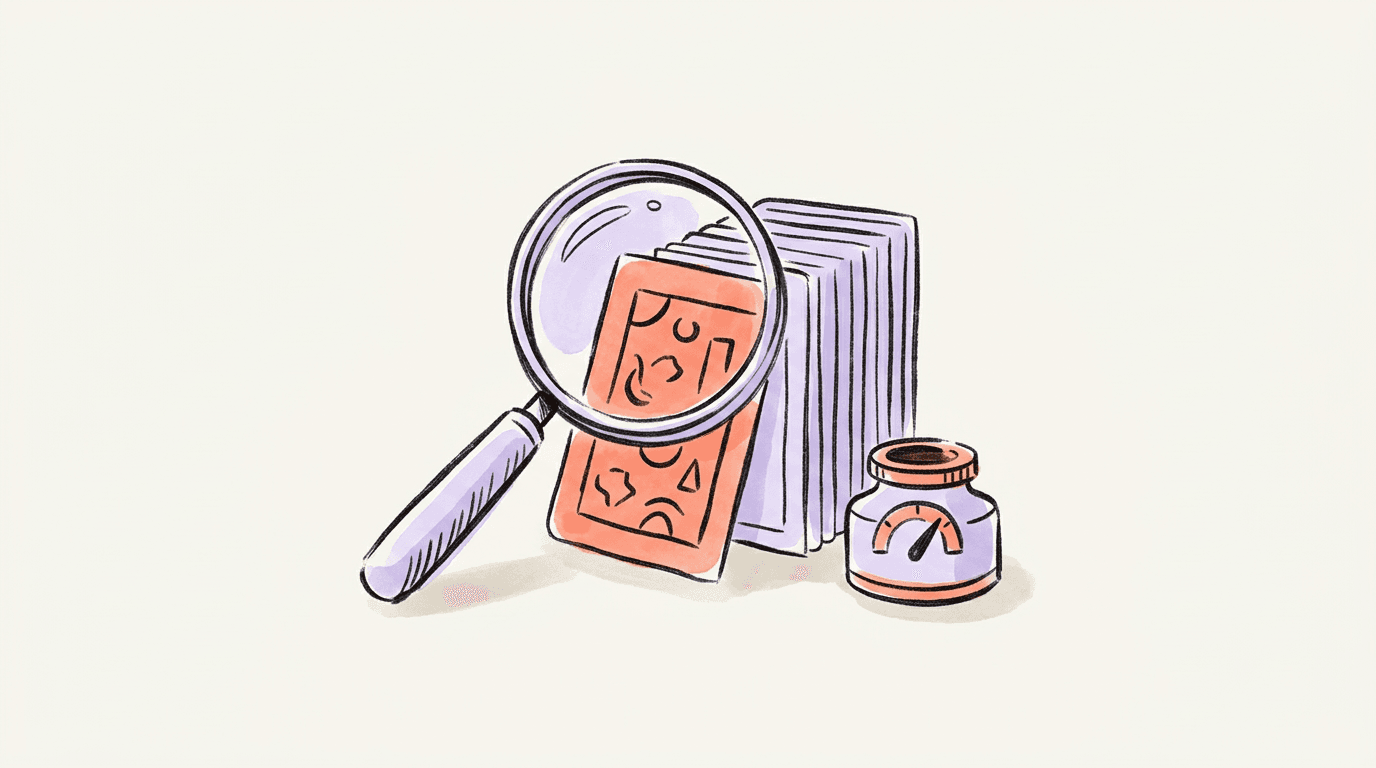 Hand-drawn illustration of a magnifying glass held over one card pulled from a stack, with a small dial gauge beside it