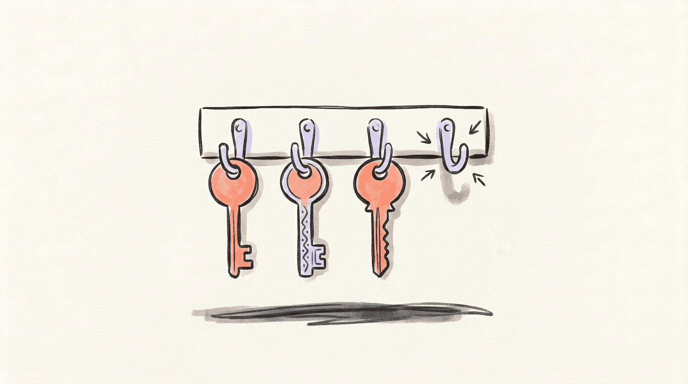 Hand-drawn illustration of a row of keys hanging on hooks with one hook left empty