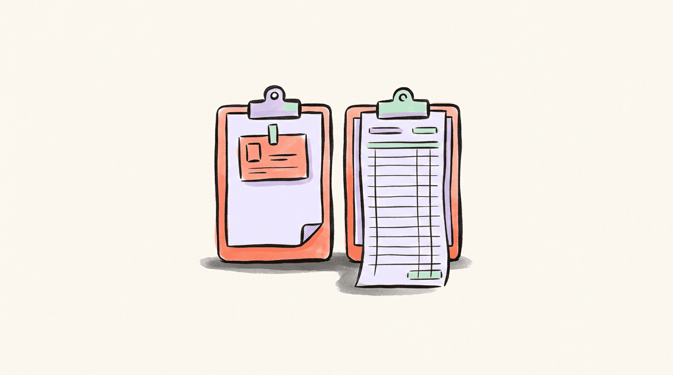 Hand-drawn illustration of two clipboards side by side, one holding a single card and the other a long ruled ledger
