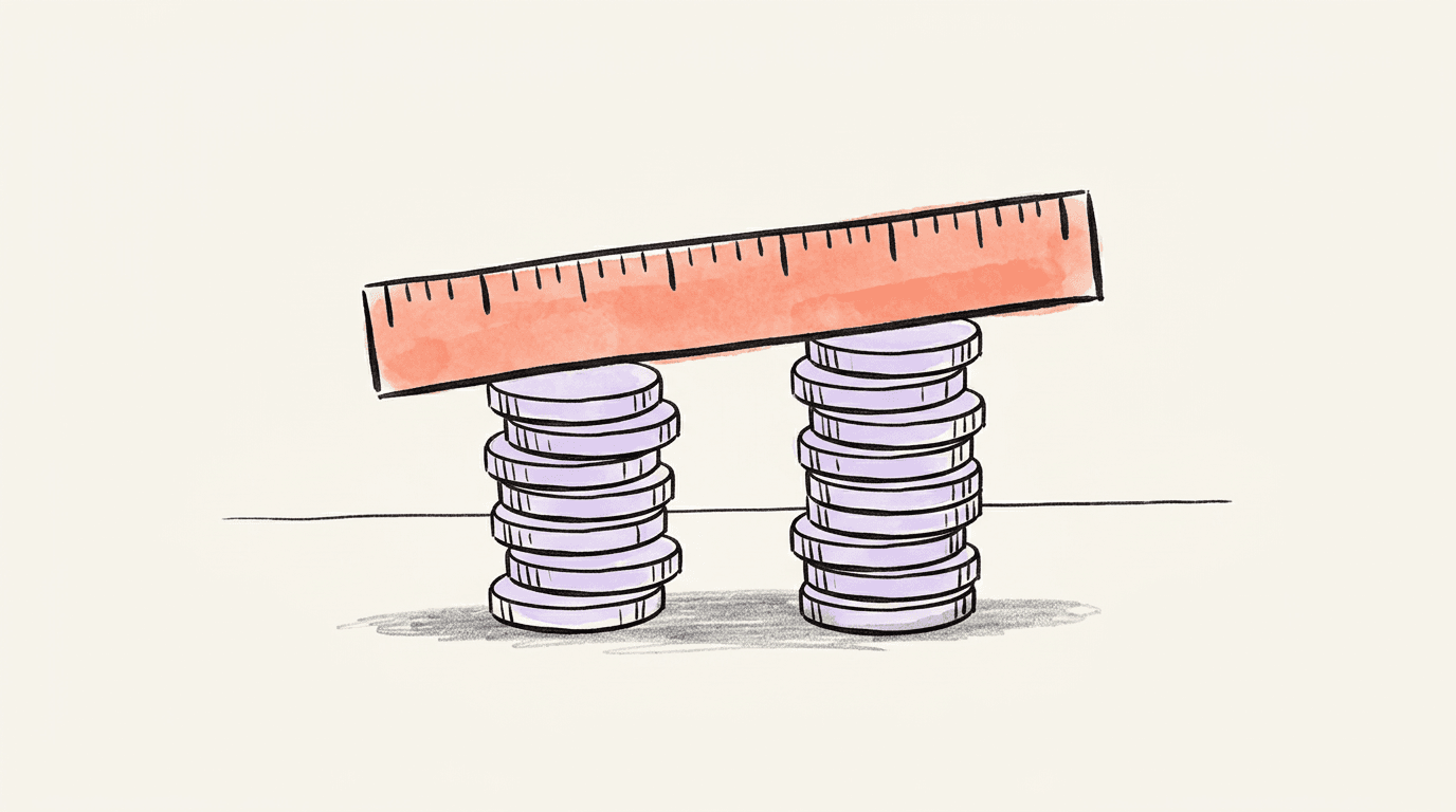 Hand-drawn illustration of a ruler resting like a bridge across two near-equal stacks of coins