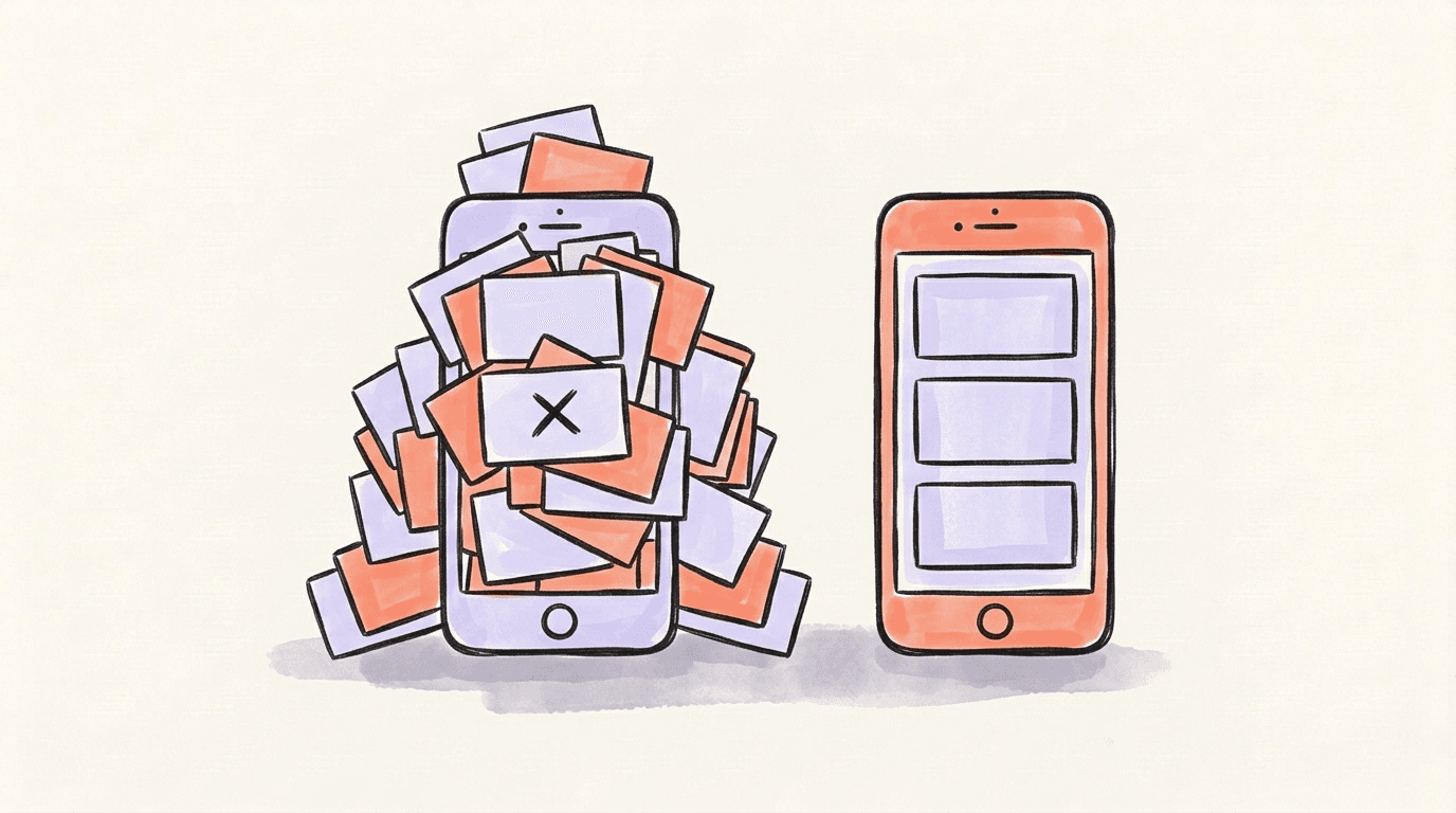 A phone spilling blank feed cards with one X mark beside a phone showing three tidy cards