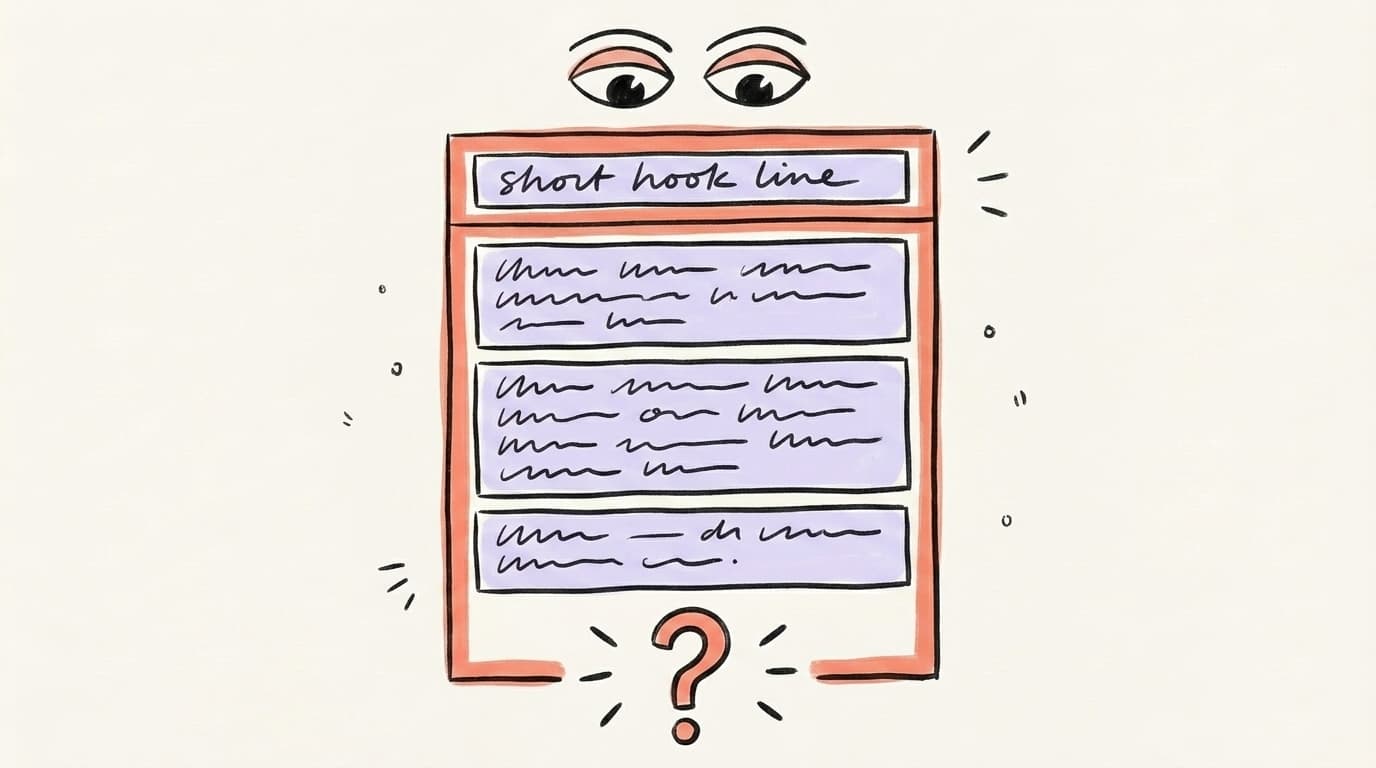 A hand-drawn LinkedIn post layout showing the anatomy: hook line at top, body paragraphs, and a question at the bottom