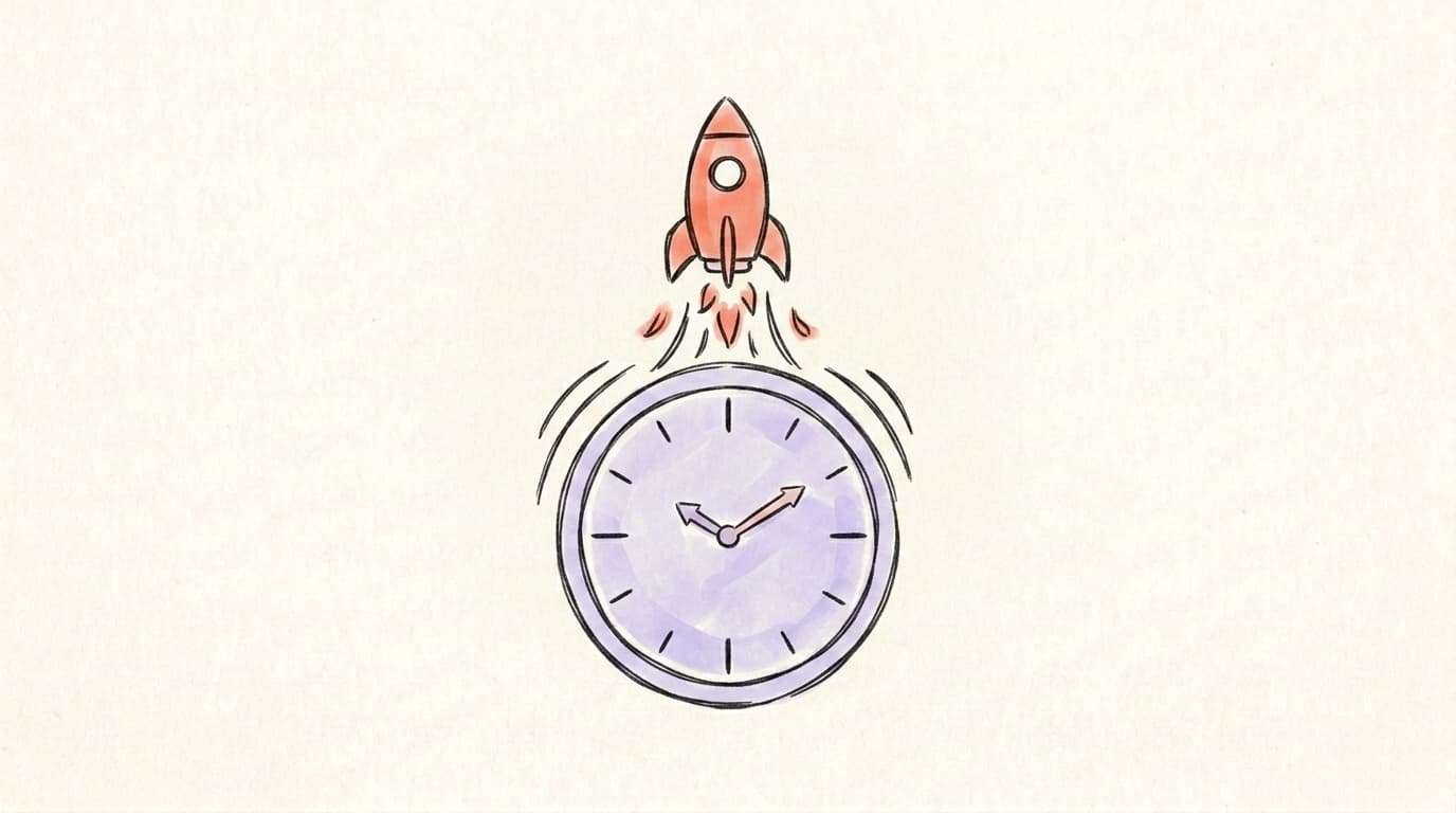 A rocket launching off a clock face, representing post timing and early momentum