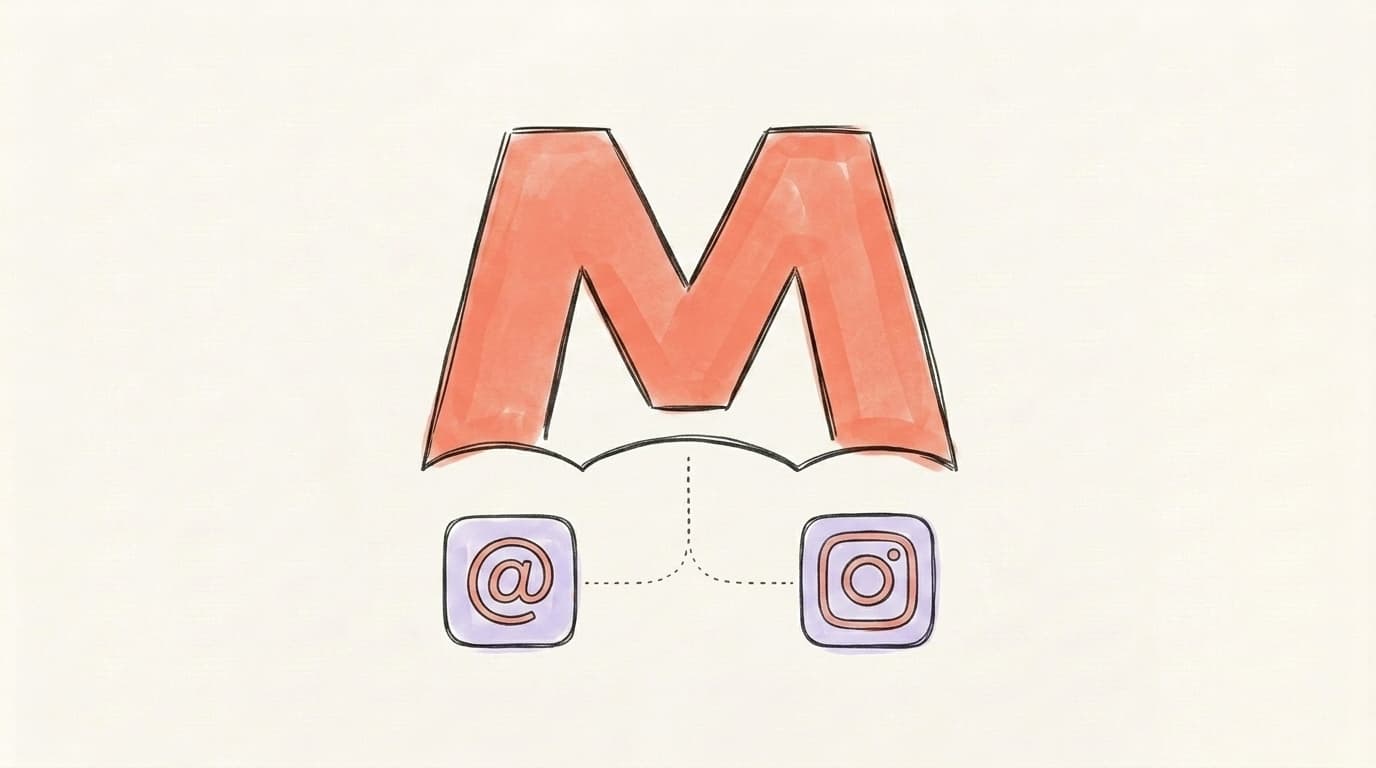 Hand-drawn illustration of a salmon-coral 'M' for Meta acting as an umbrella over small Threads and Instagram app icons connected by a dotted line