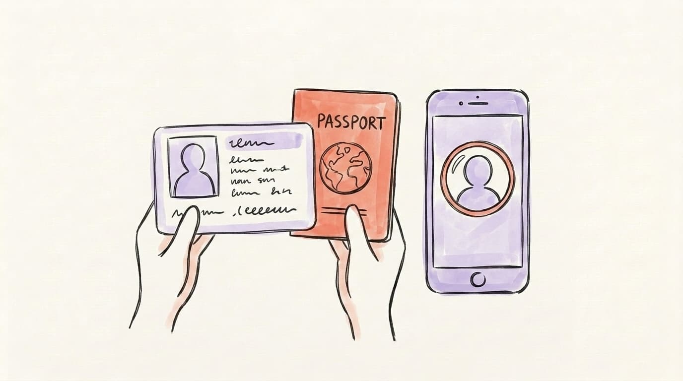 Illustration of an ID card, passport, and smartphone representing identity verification