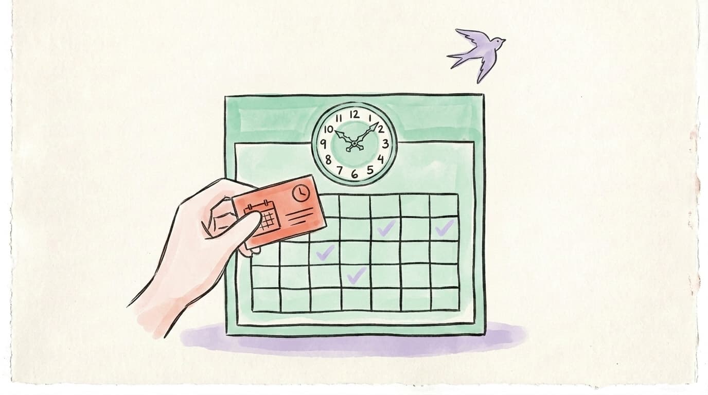 Illustration of a hand placing a scheduled post onto a calendar with clock