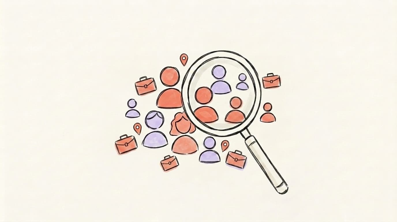 Person icons tagged with briefcase and location pins under a magnifying glass