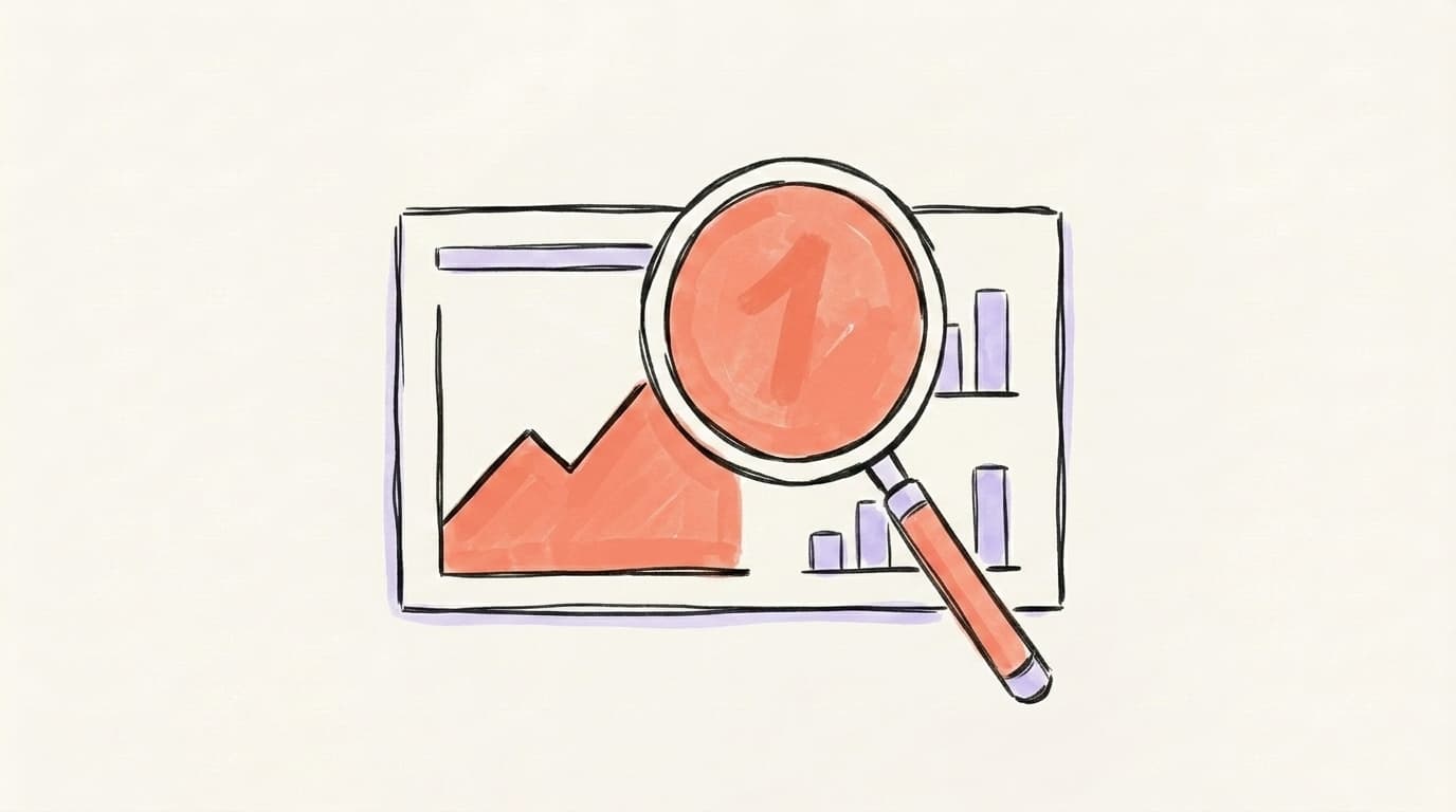 Hand-drawn LinkedIn analytics dashboard with a magnifying glass highlighting one key metric