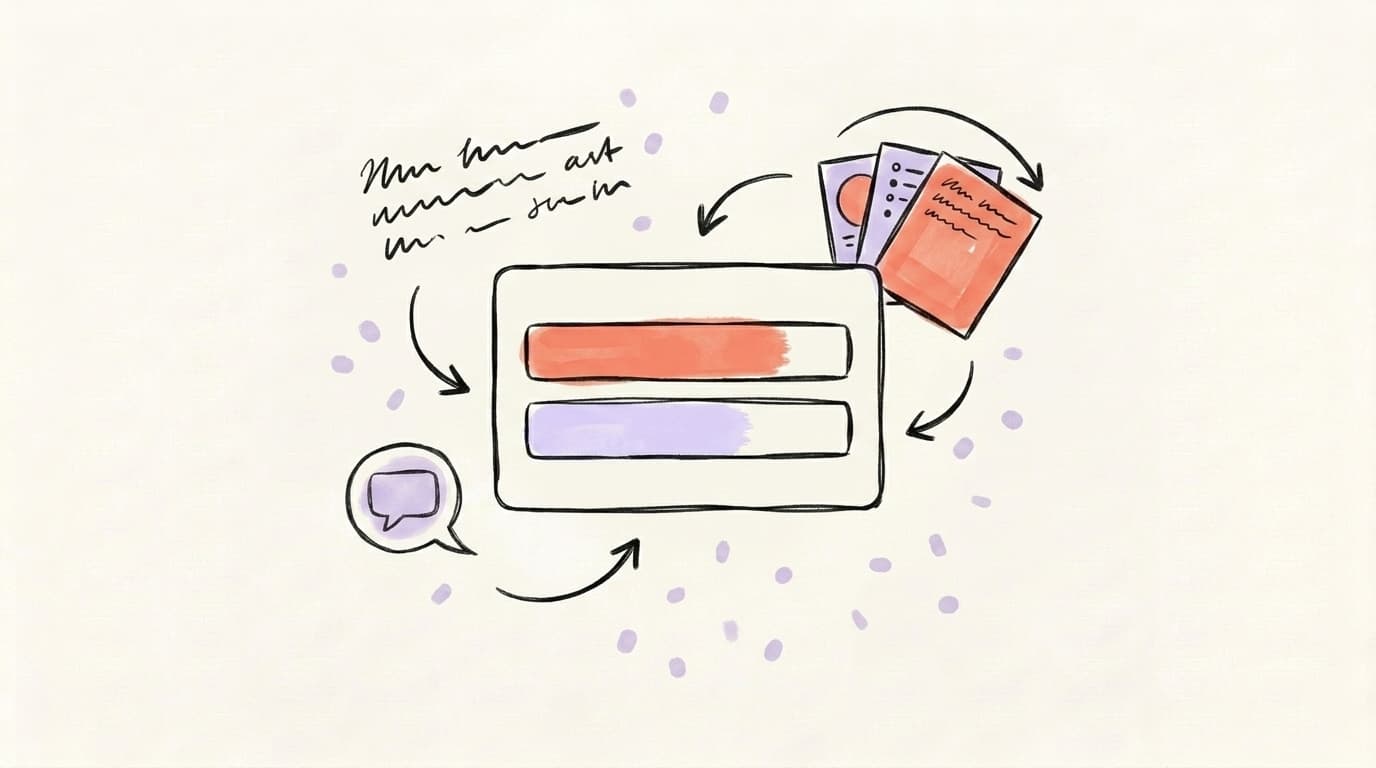 Hand-drawn illustration of a LinkedIn poll card with two answer bars, surrounded by a speech bubble, a carousel of cards, and a text post, representing a balanced LinkedIn content strategy