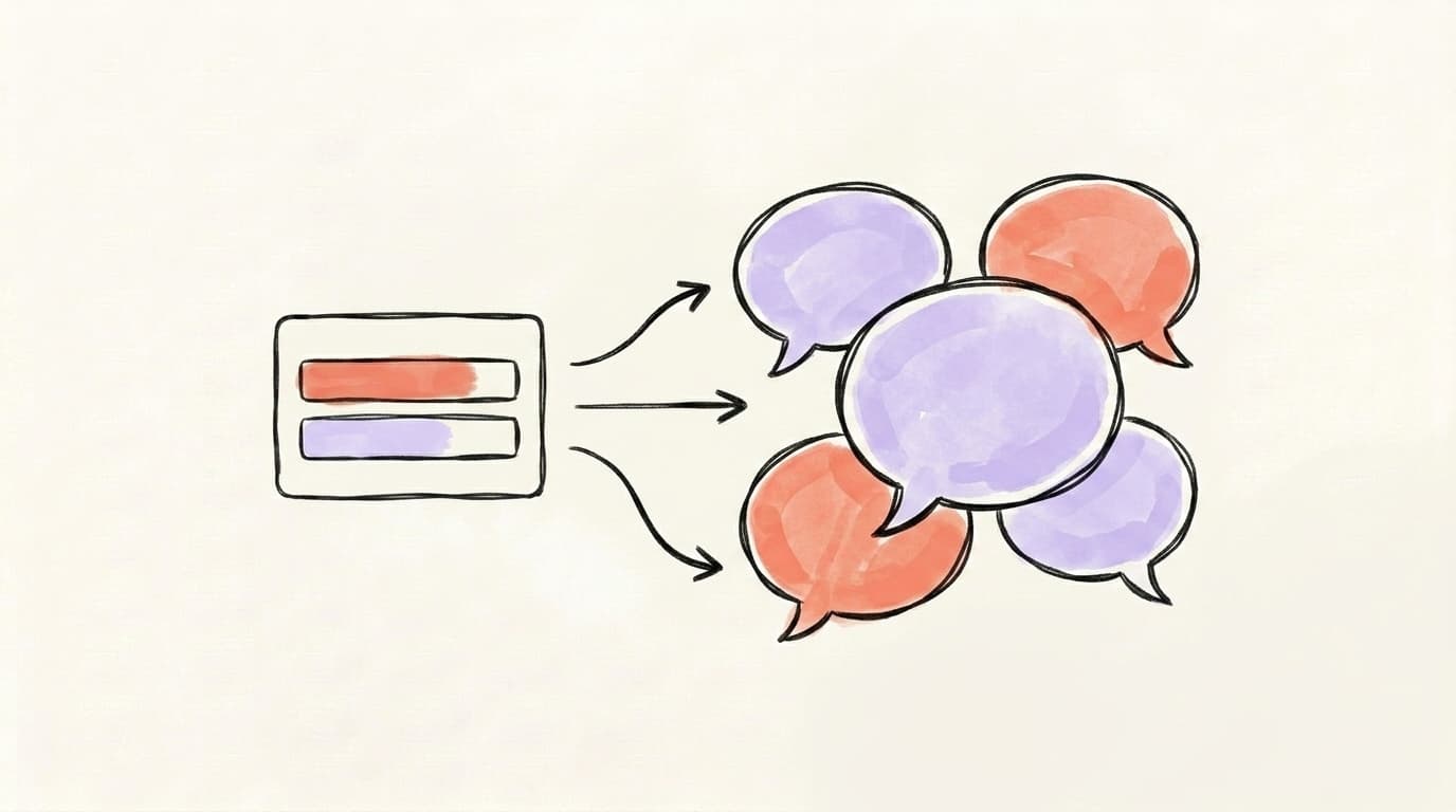 Hand-drawn illustration of a small poll card with arrows flowing into a large cluster of speech bubbles, showing poll votes converting into a lively comment conversation